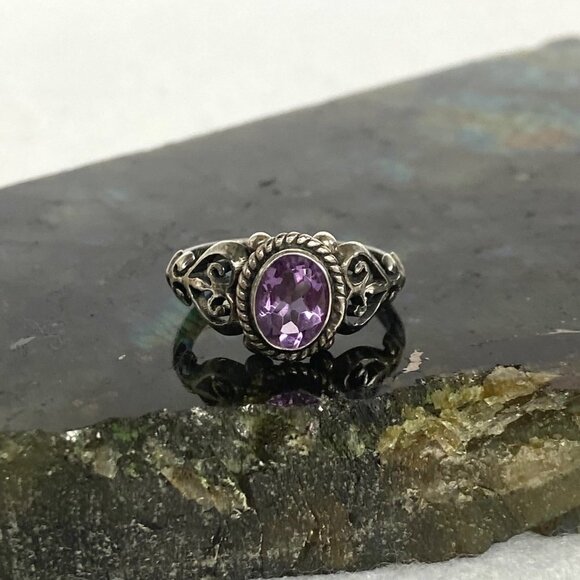 Oxidized Sterling Silver 925 Oval Amethyst Scrollwork Openwork Ring Size 6.75 - Picture 2 of 16